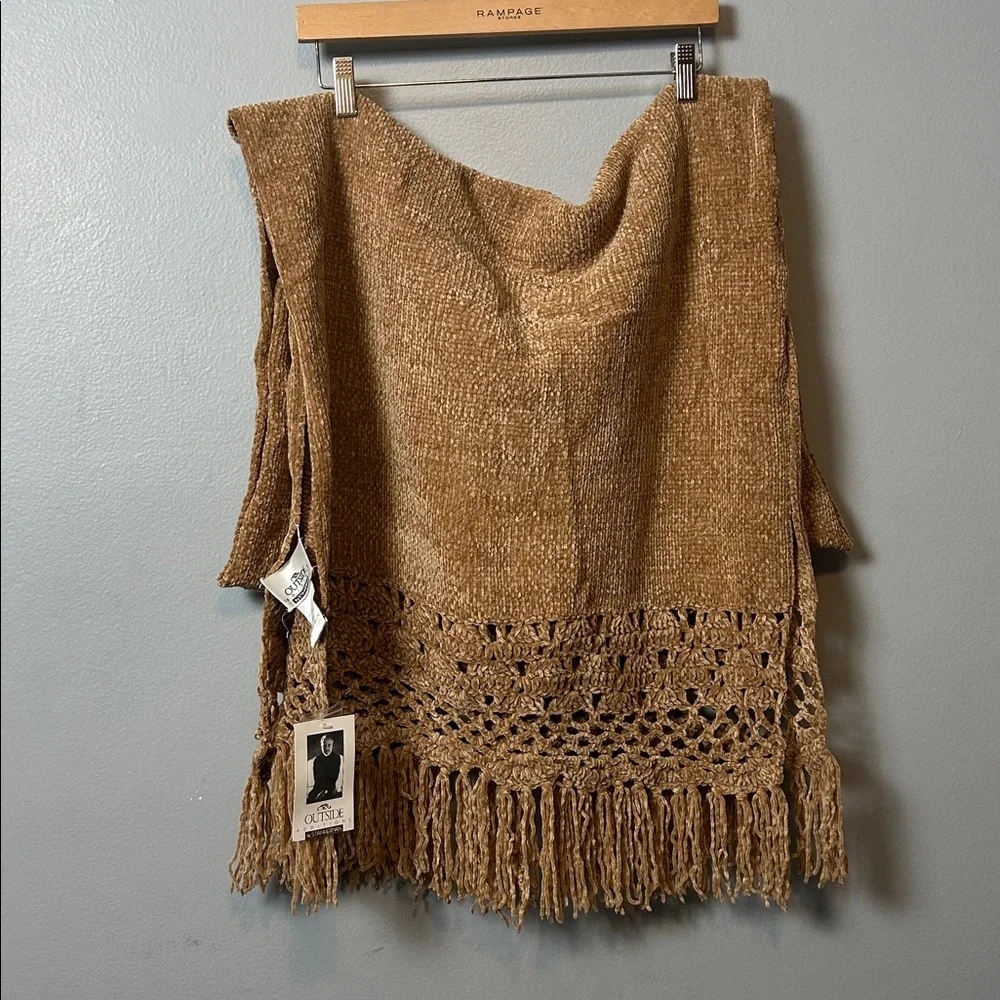 Stan Herman Elegant Tan Crochet Fringe Wrap soft and warm rectangular